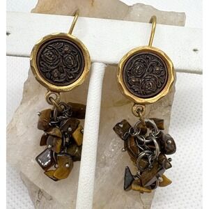Vintage Civilized N‎ Savage Tiger's Eye Earrings Boho Cluster Dangle Gold-Tone